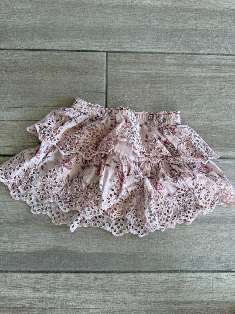 Girls Pink Floral Eyelet Tiered Skirt with Ruffle Details